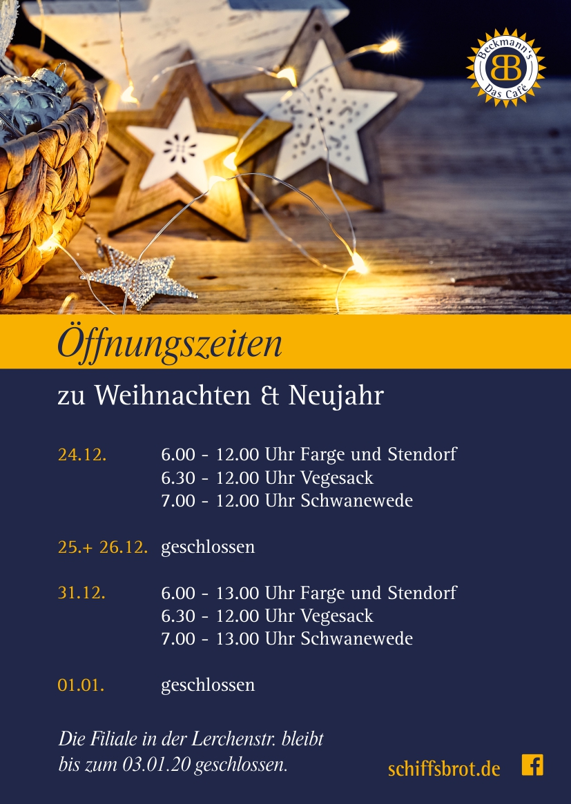 Öffnungszeiten zu Weihnachten und Neujahr